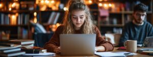 Two students focused on their laptops surrounded by textbooks and notes.