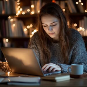 Female student working on laptop in a dimly lit library with coffee mug beside her.