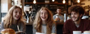 Group of three young friends laughing together in a cafe.