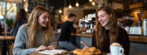 Two college students smiling and reviewing linear algebra notes at a cozy café table.
