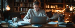 Female student in a cozy study space working on a laptop with coffee nearby.