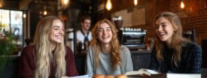 Three smiling students chatting together in a cozy café with books on the table.