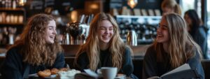 Group of students laughing and relaxing in a café after finishing exams.