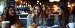Three college girls laughing and chatting over coffee and pastries