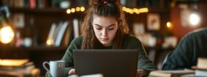 Student in sweater concentrating on laptop with coffee mug nearby.