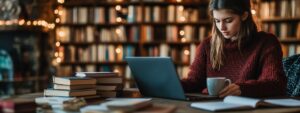 College student in red sweater studying predictive analytics with laptop and books in library.
