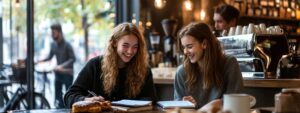 Two students studying together at a café while reviewing notes.