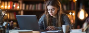 Student studying for vector calculus exam in warm-lit library