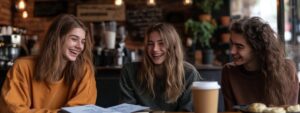 Three students laughing over notebooks and coffee at a coffee shop