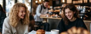 Two college students laughing together over coffee while reviewing notes.