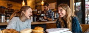 Two college students laughing together in a café while books and notes are on the table.
