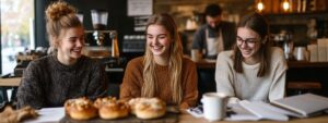 Three smiling students discussing studies at a cafe while enjoying pastries and coffee.