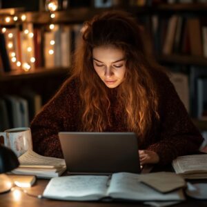 College student studying late at night on a laptop for a functional analysis exam.
