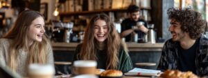 A group of college friends laughing and relaxing at a café table.