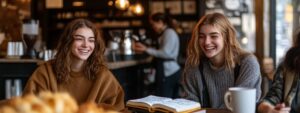 Two smiling female students in a coffee shop with notebooks and coffee.