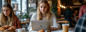 Student studying predictive analytics on laptop in café with coffee and pastries.