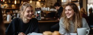 Two smiling students enjoying coffee together while discussing notes.