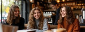 Three college friends laughing together in a modern coffee shop.