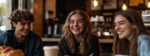 Group of three friends laughing together in a café after completing exams.