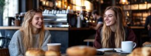 Two smiling students chatting in a café with notebooks and coffee.