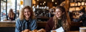 Two smiling college students laughing together in a coffee shop with notebooks.