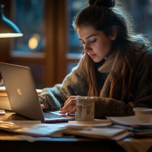 Female college student studying with a warm drink and laptop