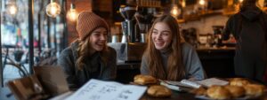 Group of friends laughing together in a café while studying math topics.