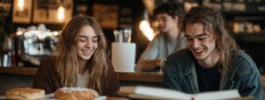 Two students smiling and reviewing notes together in a café before a technical mathematics exam.