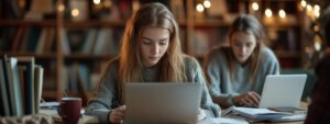 Young woman in a gray sweater studying on laptop with open notebooks in a library setting.