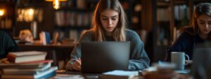 Young woman taking notes while working on a laptop in a library with stacks of books around.