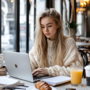 Blonde student in cozy sweater working on laptop with coffee and croissant at a café table.
