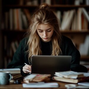 Blonde student in a dark sweater taking notes on a laptop with books stacked around her.