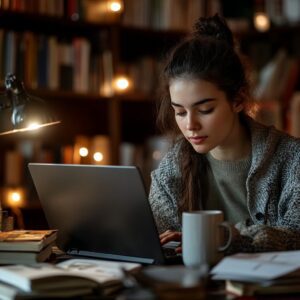 A young woman studying on her laptop with a cup of coffee beside her in a library.