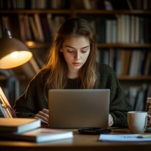 Young student in a library studying on a laptop with books and coffee on the table.