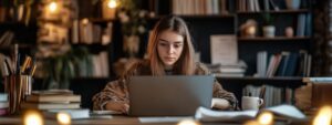 Female student working on laptop with books and coffee in a study space.