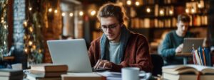 Young man in a scarf and glasses working on a laptop with books and coffee on the table in a warmly lit library.