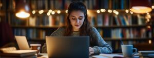College student working on laptop in library with string lights.