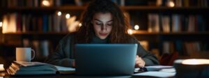 Student studying late at night with laptop and candlelight in a library setting.