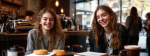 Two smiling college students at a café enjoying coffee and pastries after finishing their exam.