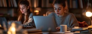 Two college students working late on laptops surrounded by books and warm lighting.