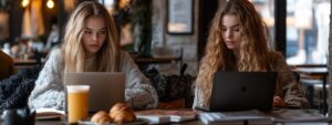 Two young women working on laptops with notebooks and drinks at a café.