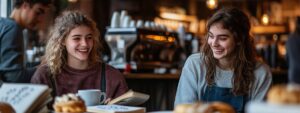 Two smiling female students laughing together at a café table with books and coffee