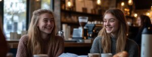 Two smiling students chatting in a café, appearing relaxed after study stress.