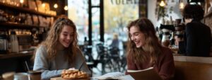 Two college students laughing together at a café while studying from notebooks.