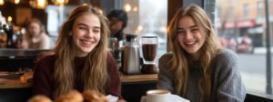 Two young women laughing together in a café with coffee and notebooks