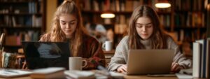 Two college students side by side studying actuarial mathematics exam questions on laptops.