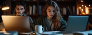 Two college students using laptops and notes while studying side by side in a library.