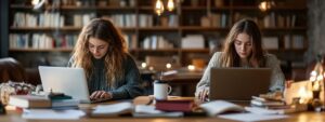 Two students studying together with laptops and open books in a cozy library.