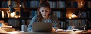 Student studying alone in a quiet library preparing for technical mathematics exam on laptop.