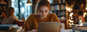 College student in yellow sweater studying in a warm library